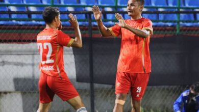 SPL 2025: Mylliem's Alem Khongwir (right) celebrates scoring his second goal. Photo sourced