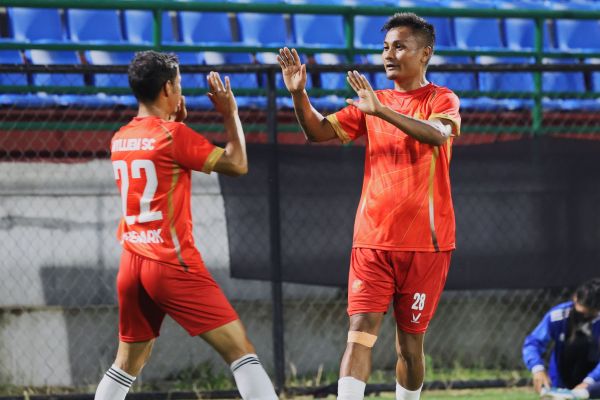 SPL 2025: Mylliem's Alem Khongwir (right) celebrates scoring his second goal. Photo sourced