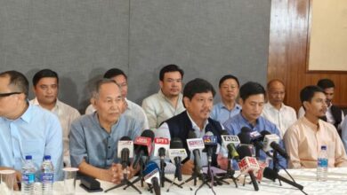 Conrad Sangma addresses the media in Imphal on Friday. Photo sourced