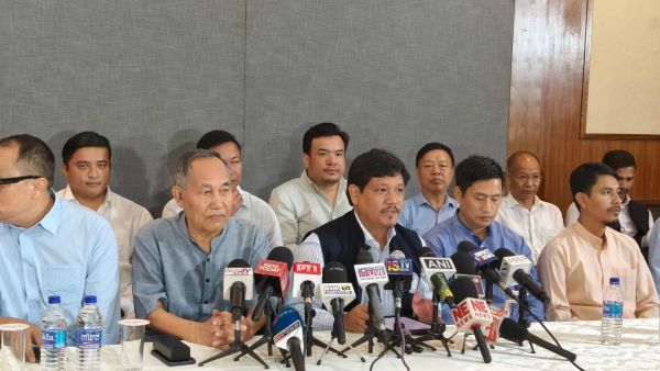 Conrad Sangma addresses the media in Imphal on Friday. Photo sourced