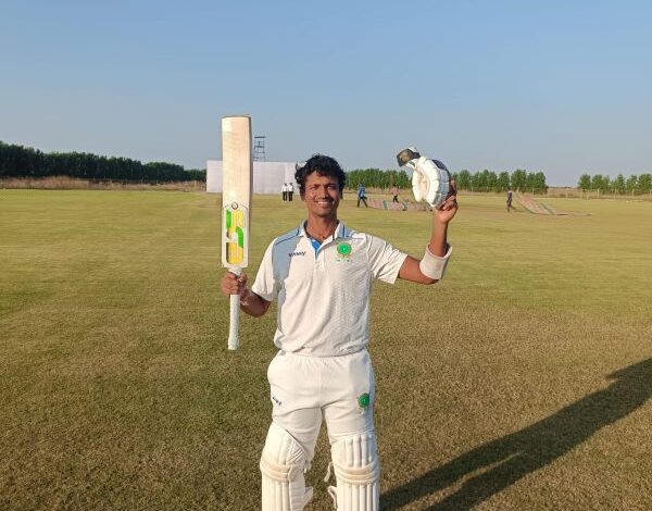 Arpit Bhatewara after making his double century on Day 1. Photo sourced
