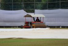 Groundstaff drying the outfield. Photo sourced