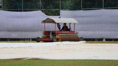 Groundstaff drying the outfield. Photo sourced