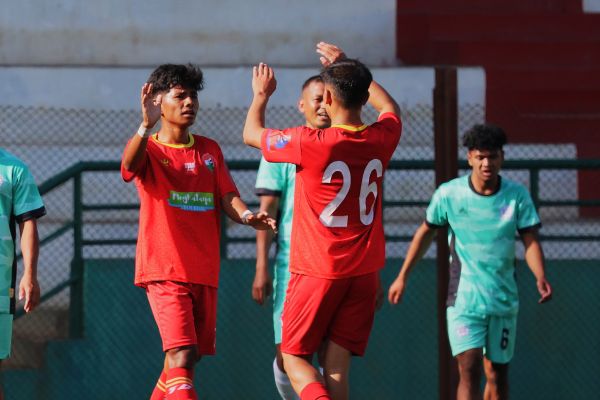 Shillong Lajong's Riborlang L Lyngkhoi (left) is congratulated after scoring. Photo sourced