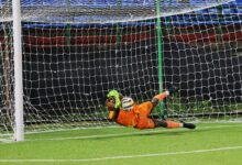 Mawlai goalkeeper Damangbha Rymbai makes a save during the penalty shootout. Photo sourced