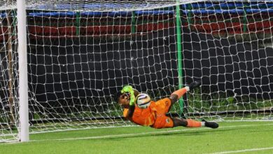 Mawlai goalkeeper Damangbha Rymbai makes a save during the penalty shootout. Photo sourced