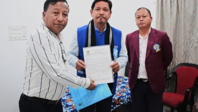 MCA Secretary Rayonald Kharkamni (left) submitting the letter to Chief Minister Conrad K Sangma (centre) in the presence of advisor to the CM Hamletson Dohling. Photo sourced