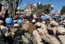 Scuffle between protesters and police near Sangai festival main venue in Imphal. Photo sourced