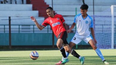 Meghalaya Police's Pynshailang Lyngkhoi (left) in action. Photo sourced