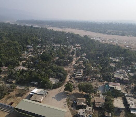 An aerial view of Pyrdiwah border village in East Khasi Hills and the Surma valley in Bangladesh