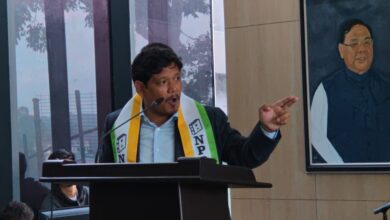 Conrad Sangma addresses the National People’s Party members on the occasion of Lambor Malngiang’s joining the party on November 13 at the NPP office in Shillong. Photo by MM