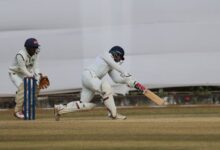 Meghalaya's Dipayan Nandi strikes the ball through the off side. Photo sourced