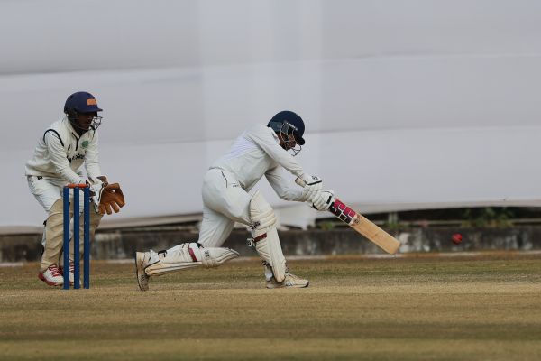 Meghalaya's Dipayan Nandi strikes the ball through the off side. Photo sourced