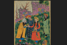 Malik Ayaz standing behind Sultan Mahmud shaking hands with the Sheykh. The figure to his right is Shah Abbas I who reigned about 600 years later. Tehran Museum of Contemporary Art, Tehran. Photo by Muhammad Ali, Public Domain, https://commons.wikimedia.org/w/index.php?curid=359948