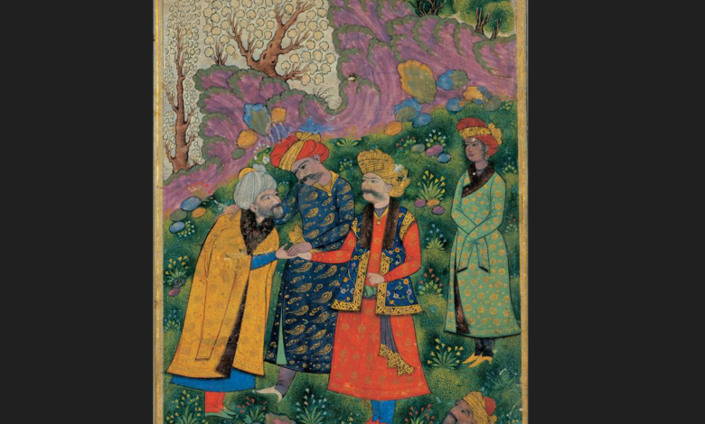Malik Ayaz standing behind Sultan Mahmud shaking hands with the Sheykh. The figure to his right is Shah Abbas I who reigned about 600 years later. Tehran Museum of Contemporary Art, Tehran. Photo by Muhammad Ali, Public Domain, https://commons.wikimedia.org/w/index.php?curid=359948