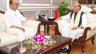 Manipur CM Yumnam Khemchand Singh with Defence Minister Rajnath Singh in Delhi on Monday. Photo sourced