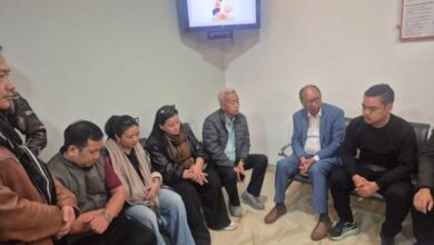 Yumnam Khemchand Singh with the family members of late MLA Vungzagin Valte at Medanta Hospital in Gurugram. Photo sourced