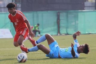 Nongkseh's Shano Tariang is fouled in the box, leading to a penalty kick. Photo sourced