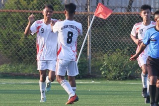 Mawlum Tyrsad's Ebetstar Nongbet (No. 9) celebrates after scoring. Photo sourced