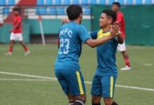 Nangkiew Irat's Neblejohn Lyngkhoi (right) is congratulated after scoring. Photo sourced