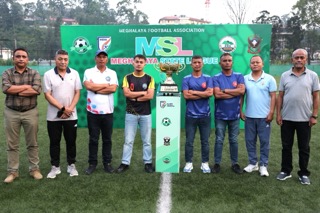 Captains and coaches of Nongkseh and Langsning at the unveiling of the MSL champions' trophy with senior MFA members. Photo sourced