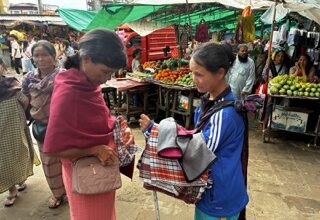 Bertina Lyngdoh (right) at Iewduh on Thursday. Photo by MM