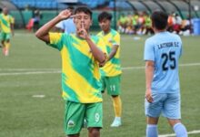 Mawlai's Fairming Suting gestures to the camera after scoring. Photo sourced