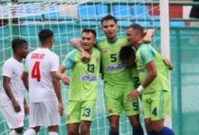 SPL: Meghalaya Police's Bikram Chettri (No. 5) celebrates with teammates after scoring