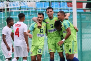 SPL: Meghalaya Police's Bikram Chettri (No. 5) celebrates with teammates after scoring