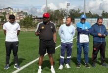 H Standly Rozario (second left) with MFA officials while meeting Meghalaya football players at the MFA Ground. Photo sourced