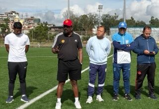 H Standly Rozario (second left) with MFA officials while meeting Meghalaya football players at the MFA Ground. Photo sourced