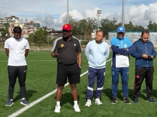 H Standly Rozario (second left) with MFA officials while meeting Meghalaya football players at the MFA Ground. Photo sourced