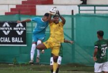 SPL 2026: Nangkiew Irat in green-white (goalkeeper in yellow), Rangdajied United in blue. Photo sourced