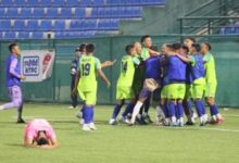Meghalaya Police players celebrate together, Langsning's Mangkara Sun can be seen in the foreground. Photo sourced